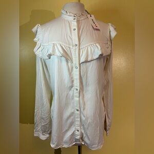 Plan B Pearl Button Cream Ruffled Women's Top. Brown Stitch